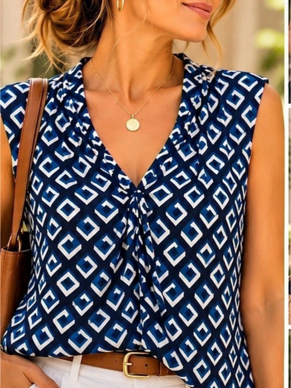 Tahari XL Blue Geometric Draped Neck Sleeveless Blouse Workwear